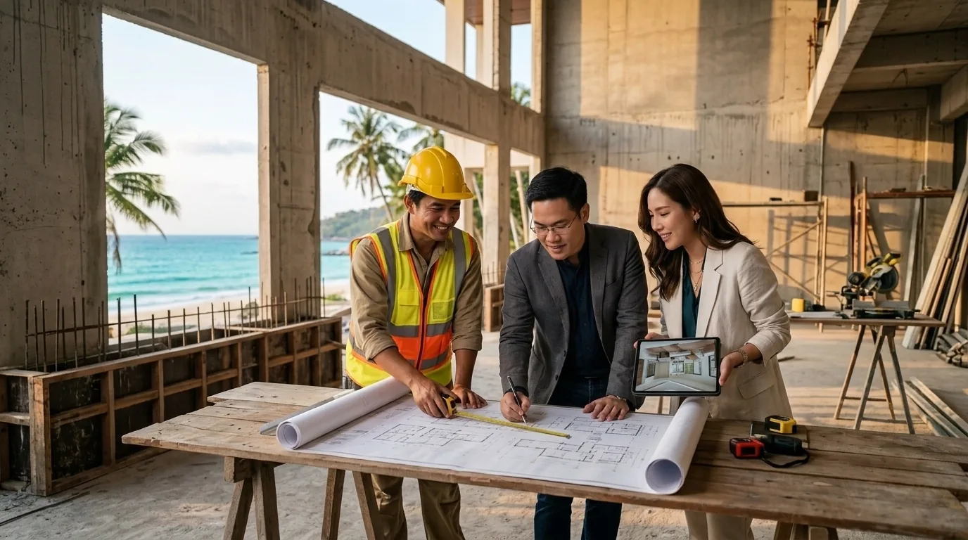 Design team reviewing plans, specifications and samples